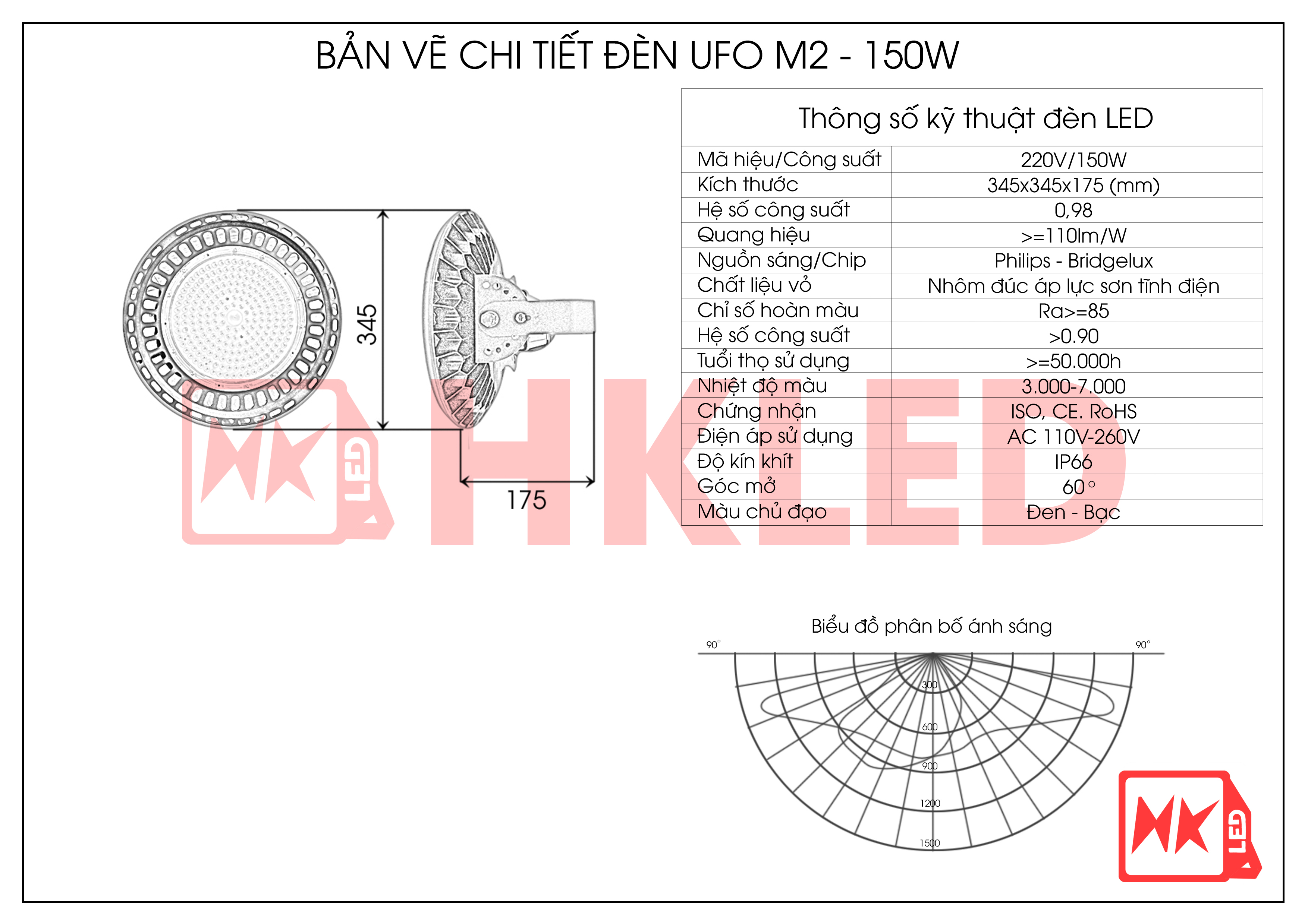 HKLED - Đèn nhà thi đấu, nhà xưởng UFO 150W - DNXU150