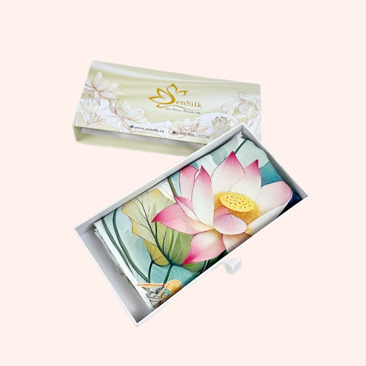 Khăn Lụa in Độc Bản Sen Mặt Trời 65x65cm - Mulberry Silk Gift - Square Towel 65x65 - Quà Tặng Lụa Cao Cấp