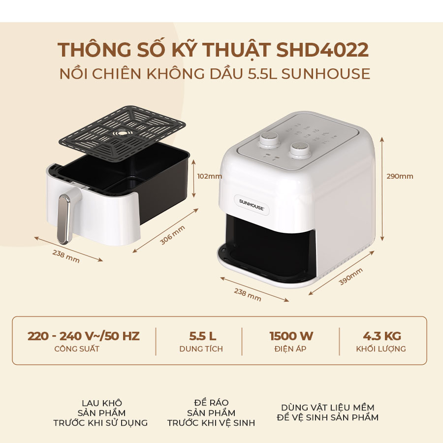 Nồi chiên không dầu 5.5L Sunhouse SHD4022 - Hàng chính hãng