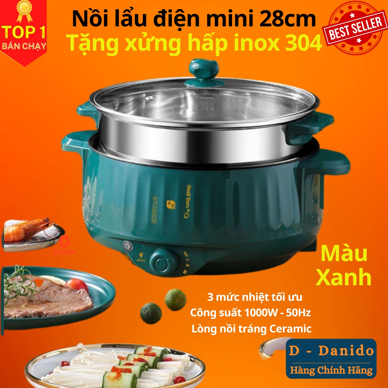 Nồi lẩu điện mini đa năng 28cm, chống dính vân đá cao cấp công suất 1000W tiện dụng 3 nấc nhiệt kèm giá hấp inox 304 - Hàng chính hãng D Danido – Logo ngẫu nhiên