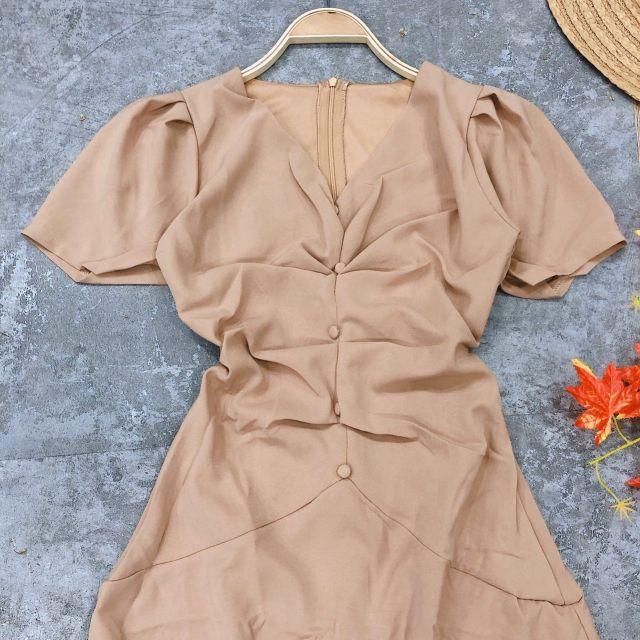 ĐẦM XÒE NUDE CỔ V PHỐI NÚT NGỰC