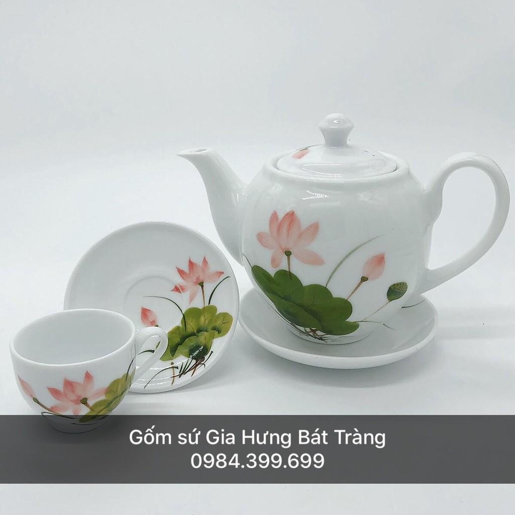Bộ ấm chén vẽ sen gốm sứ Gia Hưng Bát Tràng
