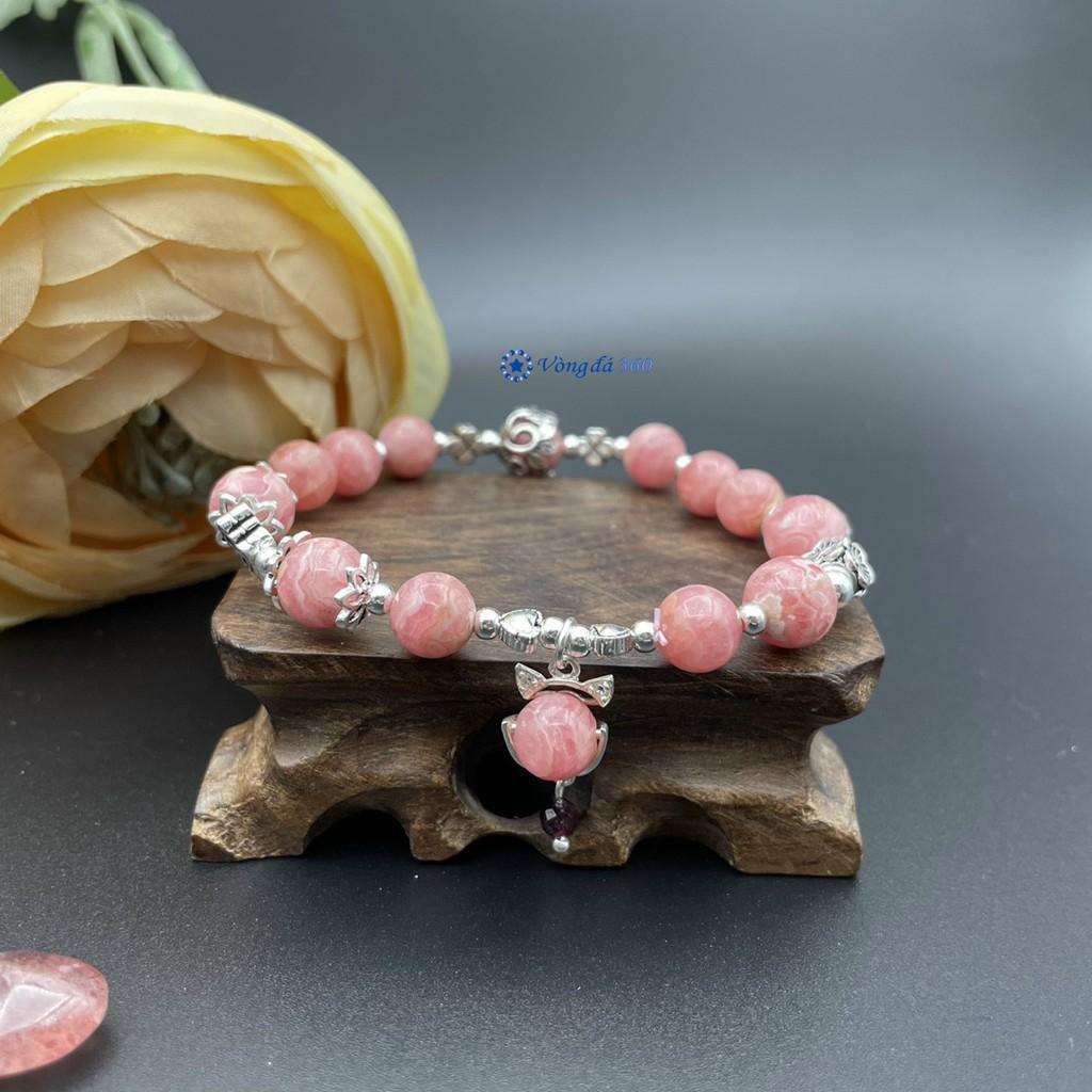 Vòng tay Phong Thuỷ Đá Đào Hoa 8mm mix charm bạc hồ ly - mẫu 02