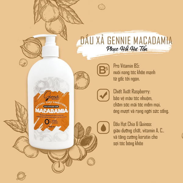 Dầu xả Gennie Natural Care dầu hạt Macca danh cho tóc hư tổn 400ml