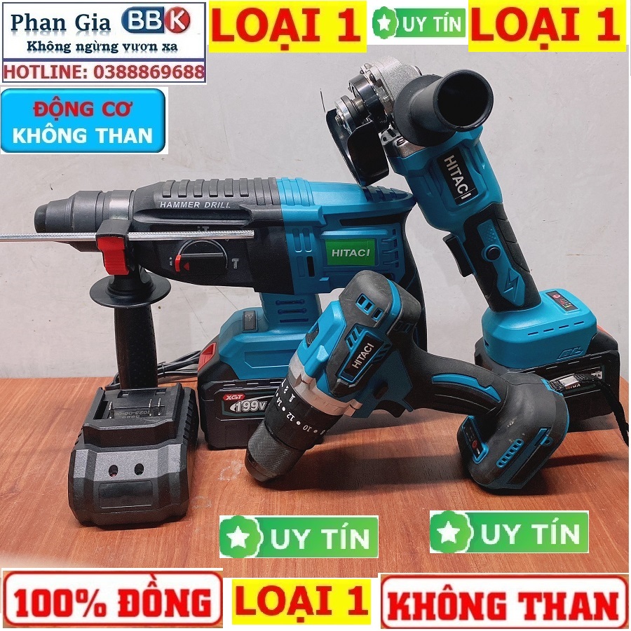 Bộ Combo 3 Món Gồm Máy Khoan Đục Bê Tông, Máy Mài Và Máy Khoan Pin Dùng Pin 199V, 2 Pin 15Cell, Máy Khoan Siêu Khỏe - Bảo Hành 12 Tháng