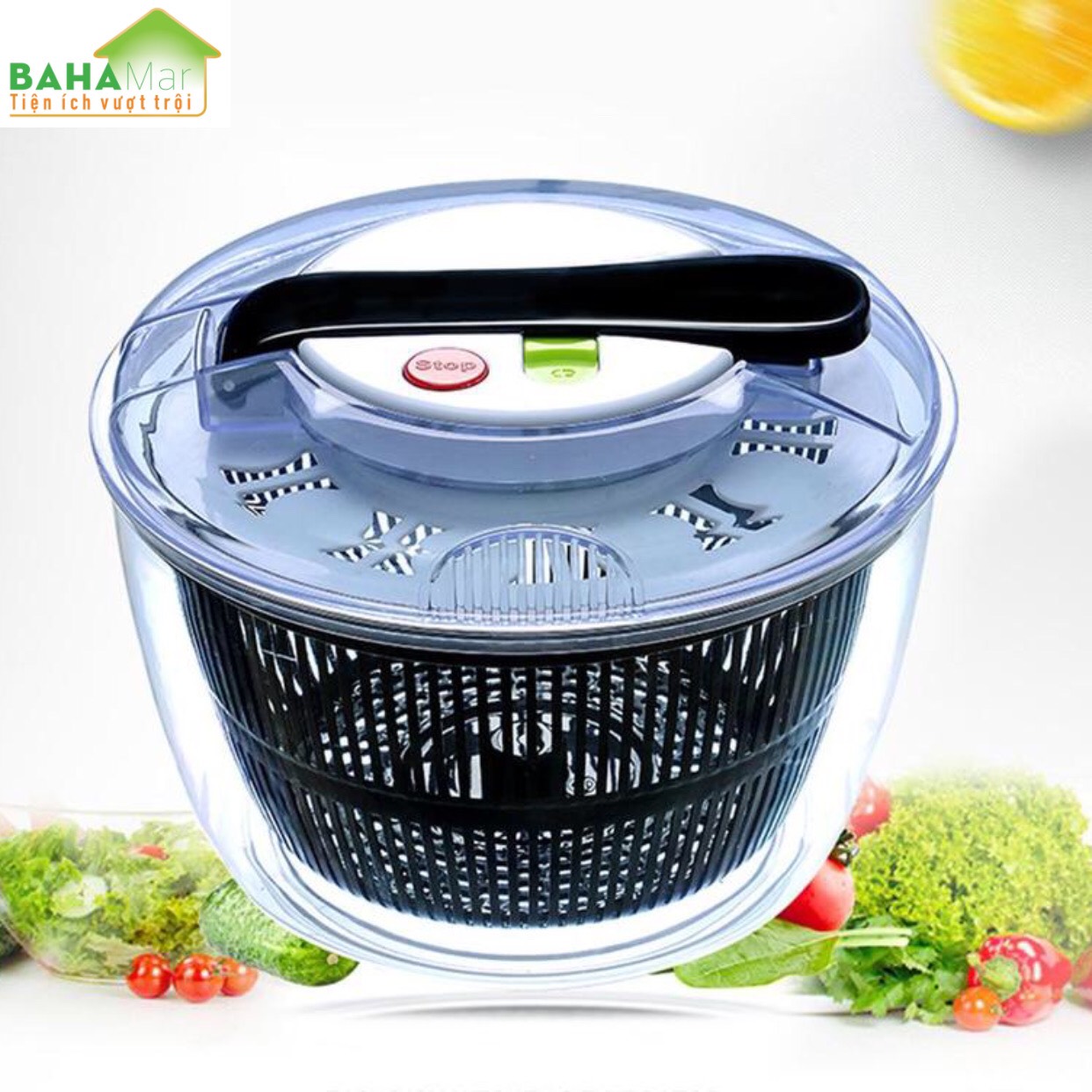 CHẬU ĐA NĂNG RỬA VÀ QUAY VẮT KHÔ RAU CỦ QUẢ THEO NGUYÊN LÝ ĐÒN BẨY có thể xoay nhiều món salad và rau tại cùng thời gian, tay nắm ấn đẩy có thể dễ dàng làm sạch và làm khô rau.