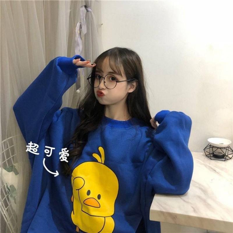 Women Long Sleeve Cartoon Print Loose Round Collar Sweater