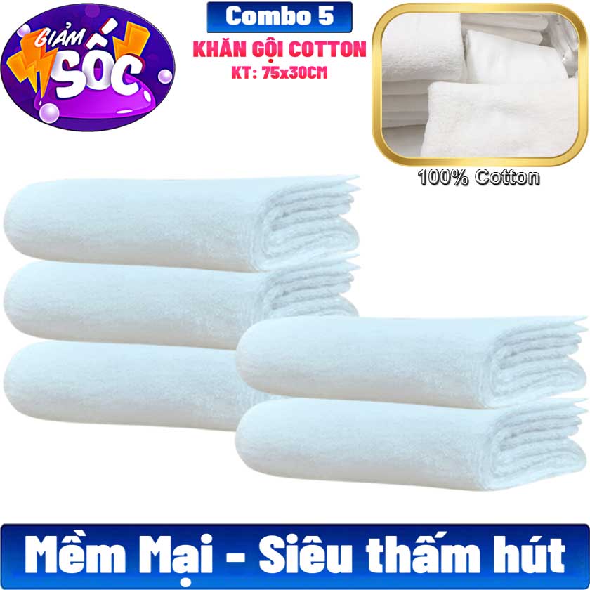 #Combo 5 cái Khăn gội cotton, màu trắng, KT 75*30cm, towel, cotton towel