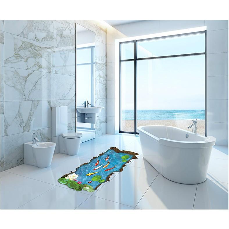 Decal trang trí tường - thảm 3D Hồ Cá KOI và hoa Sen