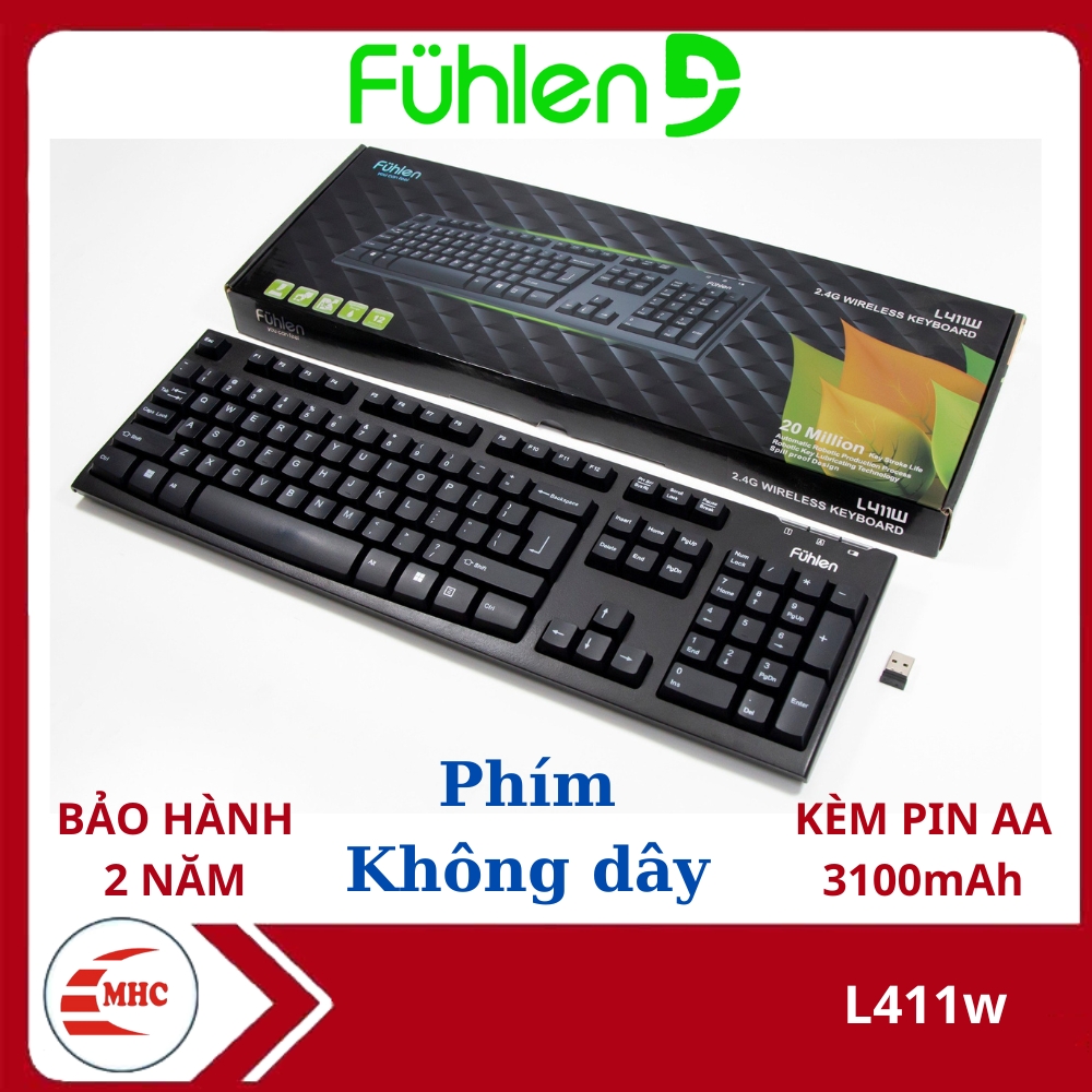 Bàn phím không dây Gaming/ Văn phòng Fuhlen L411w- Tuổi thọ 20 triệu lần nhấn, BH 2 năm,Tặng kèm pin- Hàng chính hãng