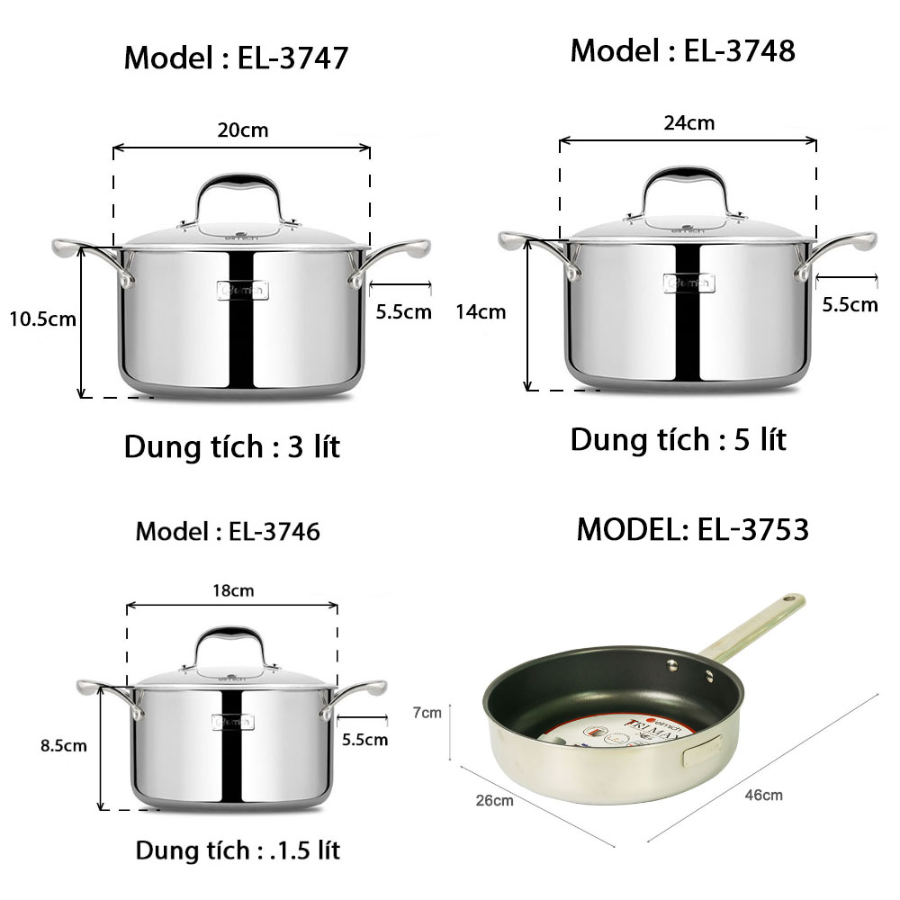 Bộ nồi Elmich Inox cao cấp 3 lớp đáy liền Trimax XS EL-3744 size 18, 20, 24, chảo 26cm