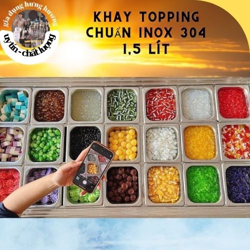 Khay thạch topping inox 100% 1,2 lít có nắp