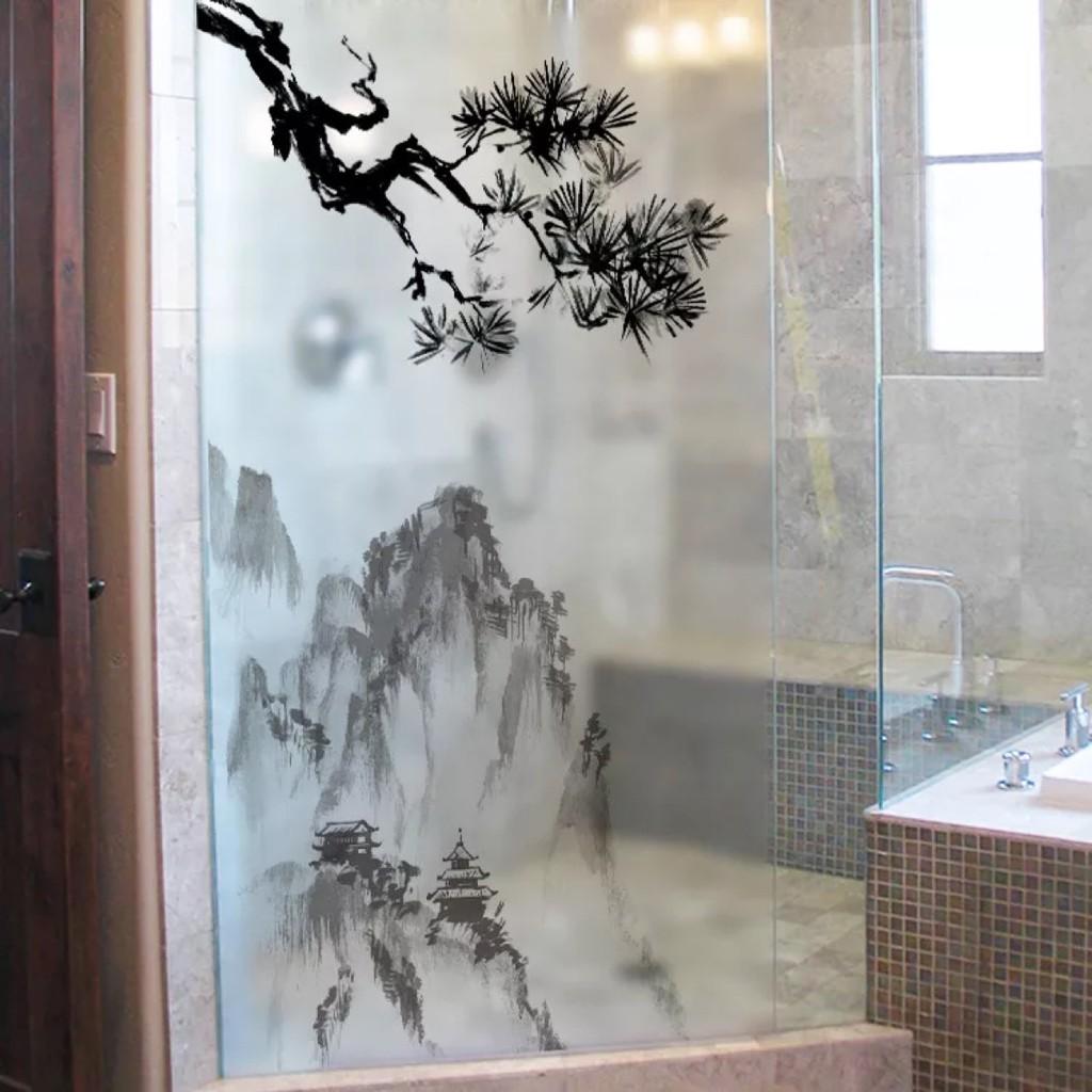 Decal trang trí kính cao cấp mẫu phong cảnh Sơn Núi và cành cây