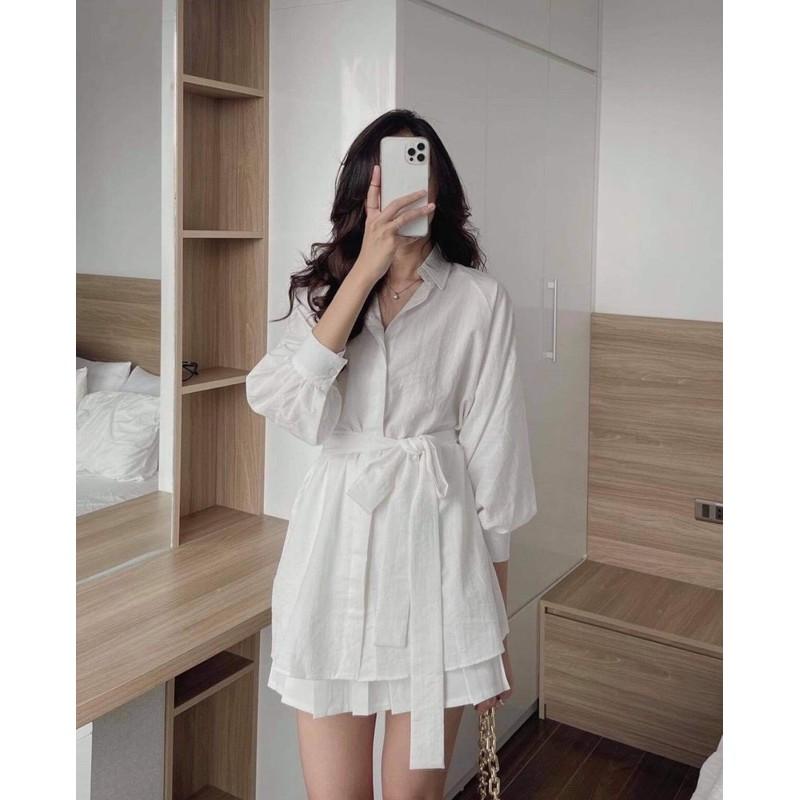 Áo kiểu Áo kiểu nữ thắt nơ bụng màu trắng/be phối cổ sơ mi dài tay siêu xinh
