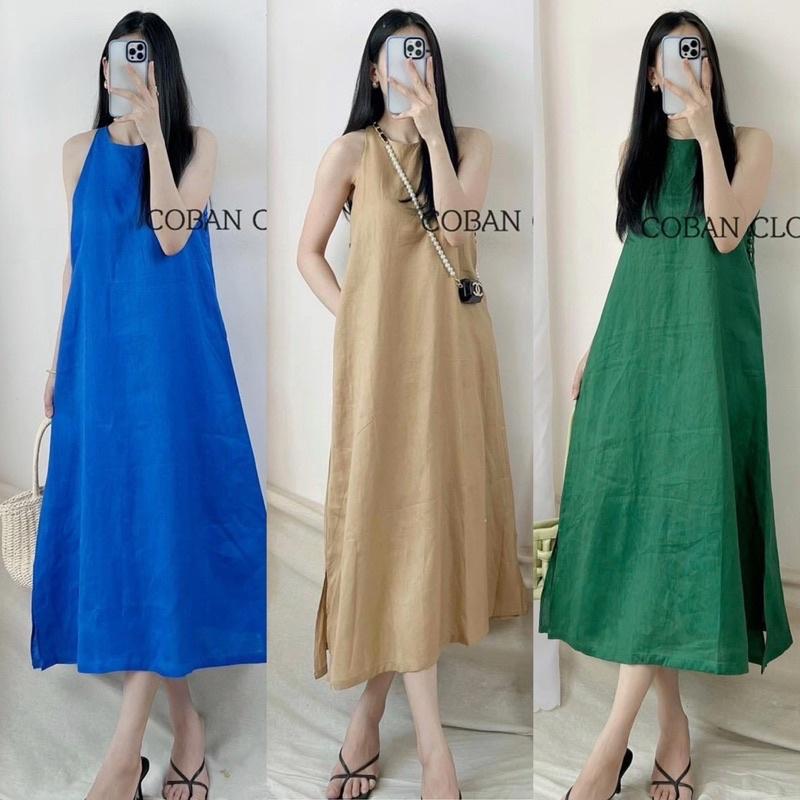 Đầm midi suông sát nách phối nút bọc
