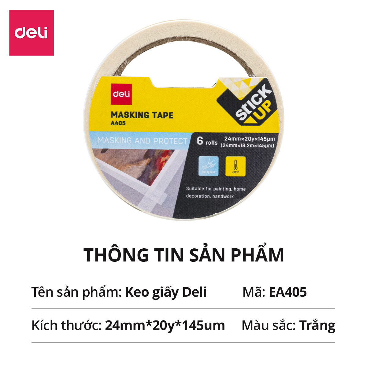 Băng keo che sơn băng dính giấy 24mm*20y Deli - Băng keo giấy masking tape chặn màu, cố định bản vẽ, đánh dấu, ghi chú