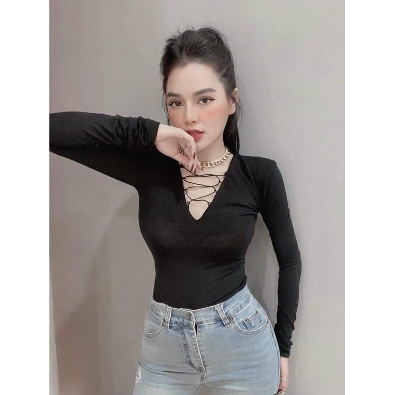 Áo croptop tay dài đan dây trước ngực siêu sexy- A5N Áo Croptop Tay Dài Bozip Đan Dây Trước Ngực