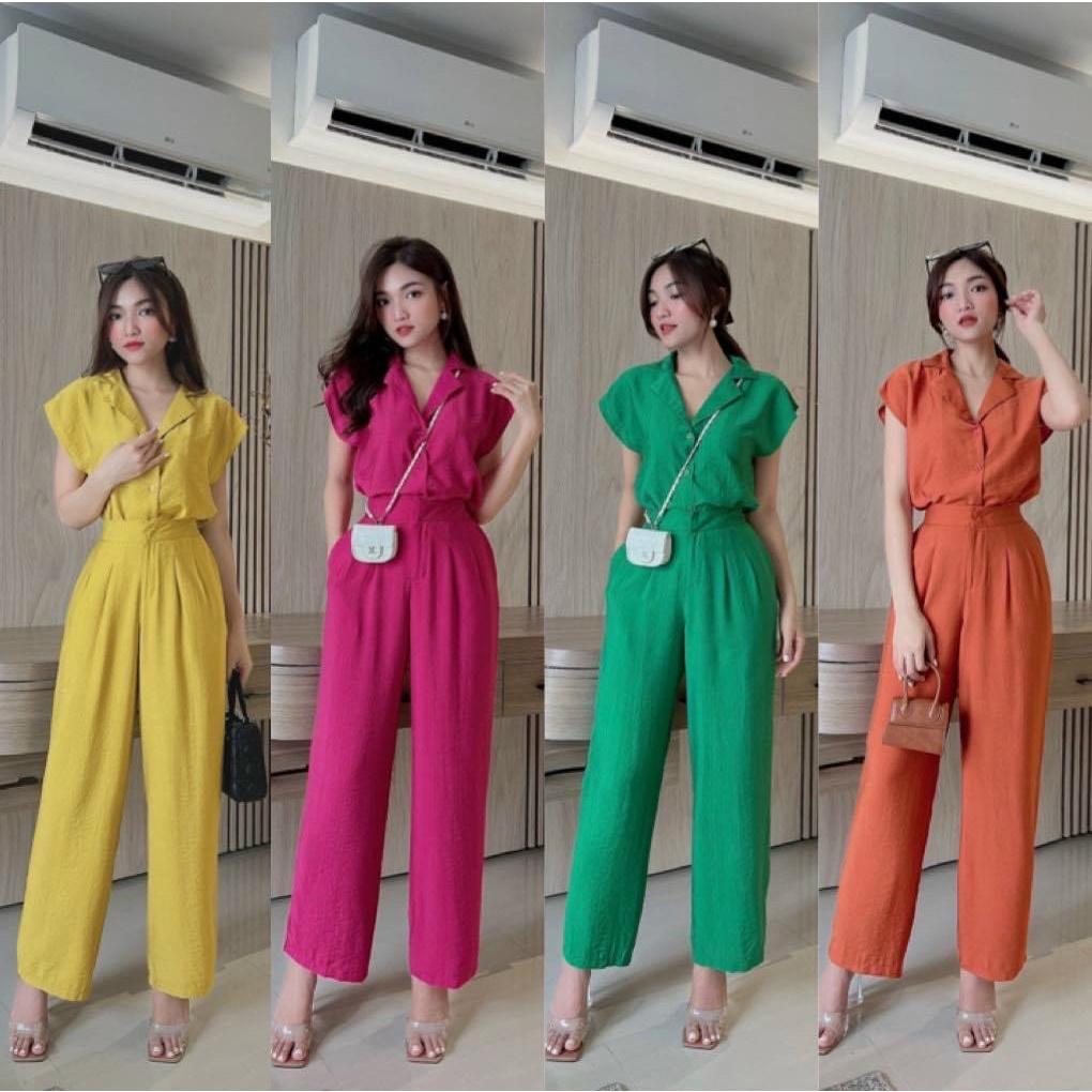 Set bộ nữ áo cánh dơi cổ vest kết hợp quần suông sanh chảnh dành cho các nàng đi chơi, đi làm