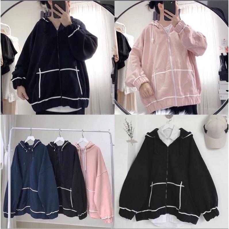 Áo Khoác Hoodie Viền Tay  Bồng Nữ Jacket form rộng có mũ màu ĐEN ,HỒNG, XANH, TÍM THAN Ulzzang- KHOÁC NỈ TRƠN PHONG CÁCH HÀN QUỐC