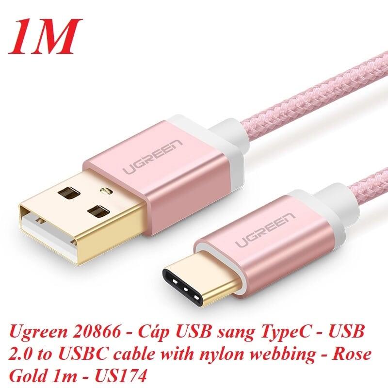 Ugreen UG20866US174TK 1M màu Hồng Dây USB 2.0 sang Type-C đầu nhôm dây bọc vinyl - HÀNG CHÍNH HÃNG