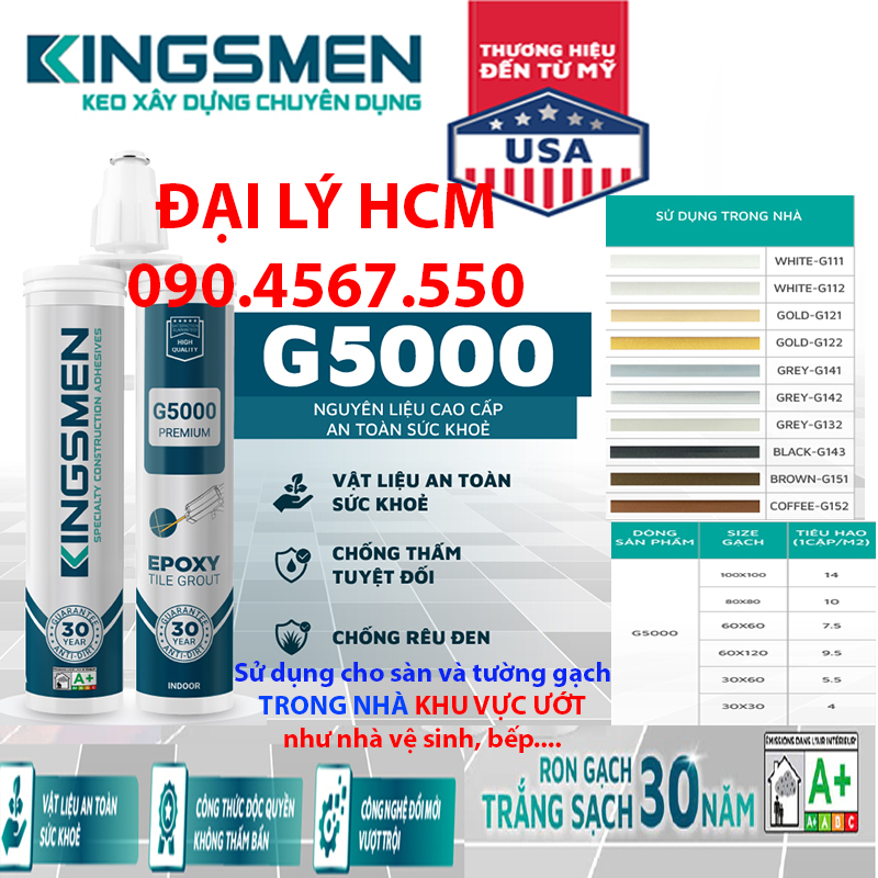 Keo Ron Gạch Epoxy G5000 - Dành cho nhà tắm, bếp  - Thế Hệ Mới Kingsmen. RON GẠCH TRẮNG SẠCH 30 NĂM - Keo Ron gạch 2 thành phần