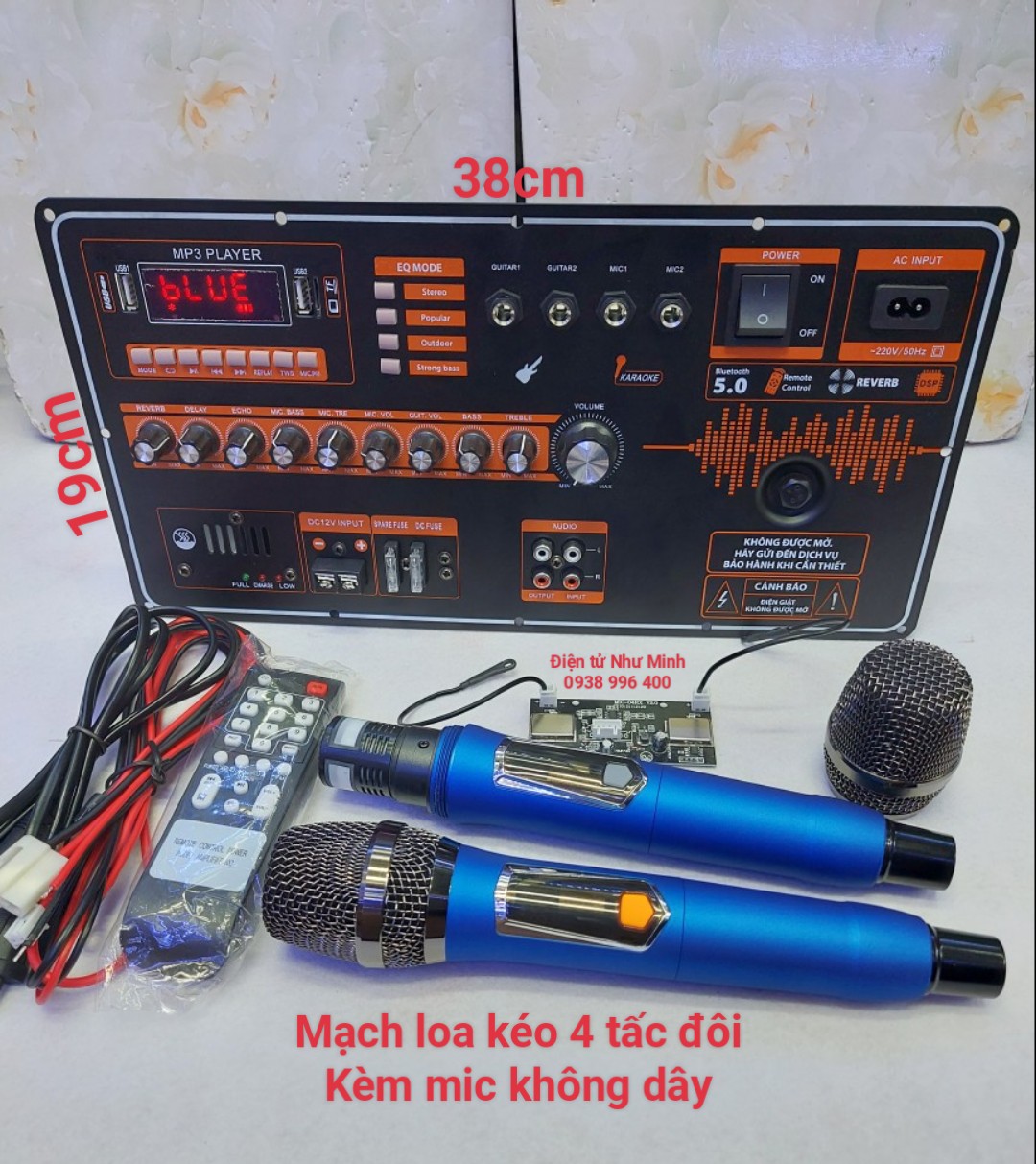 Mạch loa kéo 4 tấc đôi DSP 21 + Mic thân xanh chống hú