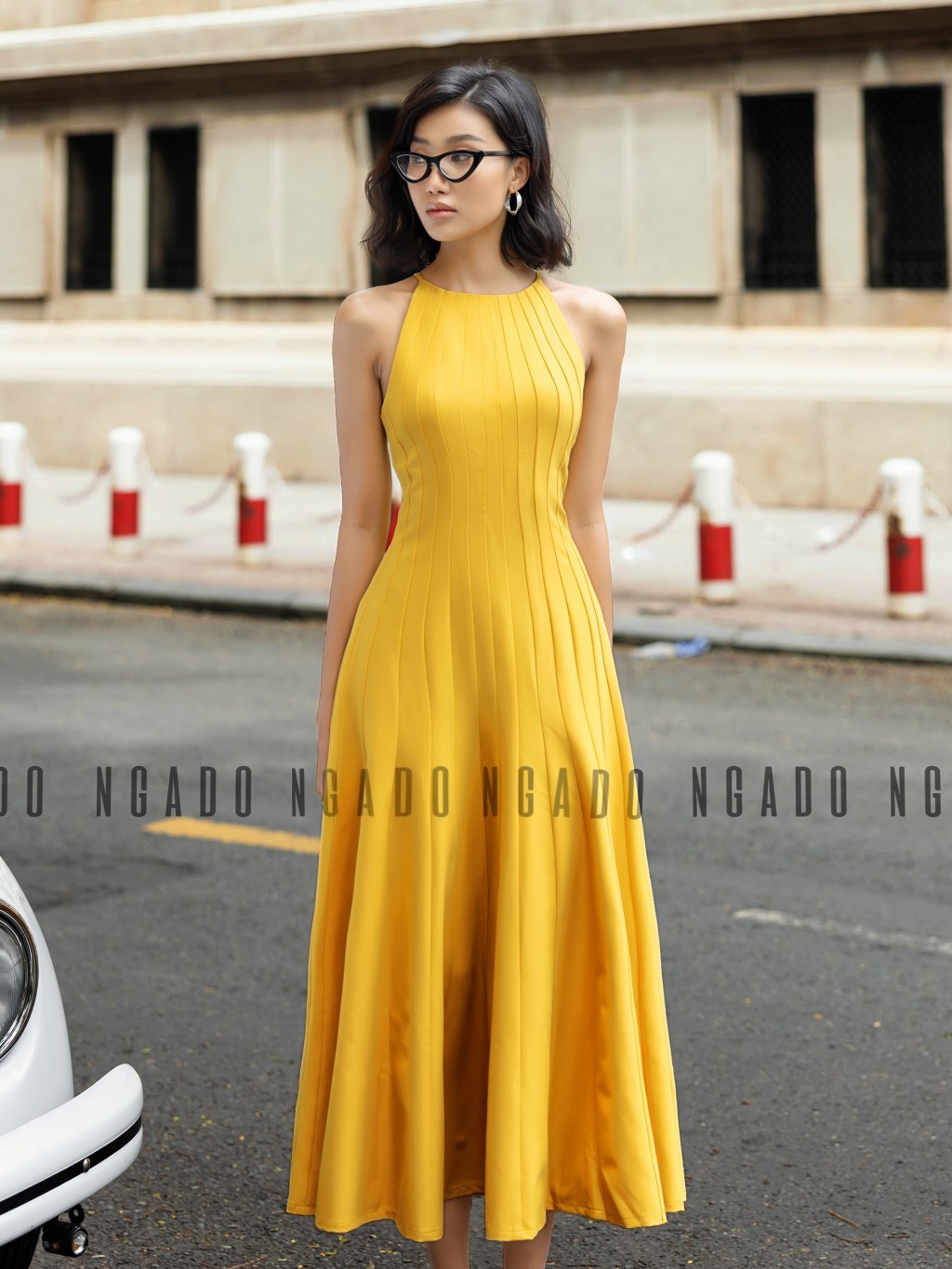 Đầm vàng cổ yếm NGADO, Đầm xòe hở vai, Đầm dự tiệc, Đầm dạo phố