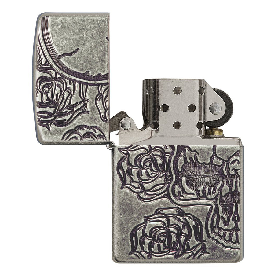 Bật Lửa Zippo 28988 - Bật Lửa Zippo Armor Skull Roses Antique Silver Plate