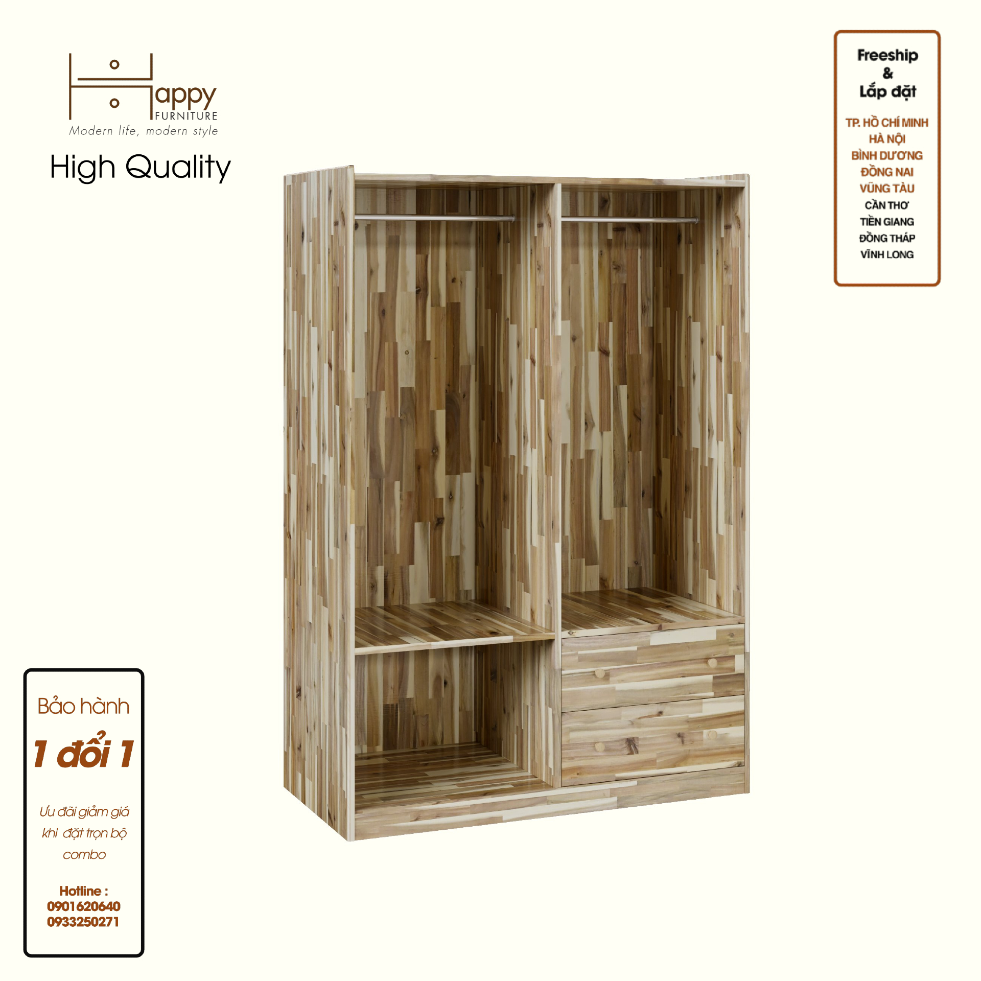HAPPY FURNITURE , Gỗ tự nhiên , Tủ quần áo 2 ngăn kéo - GAMZE , THK_193 , 120cm x 59cm x 176cm