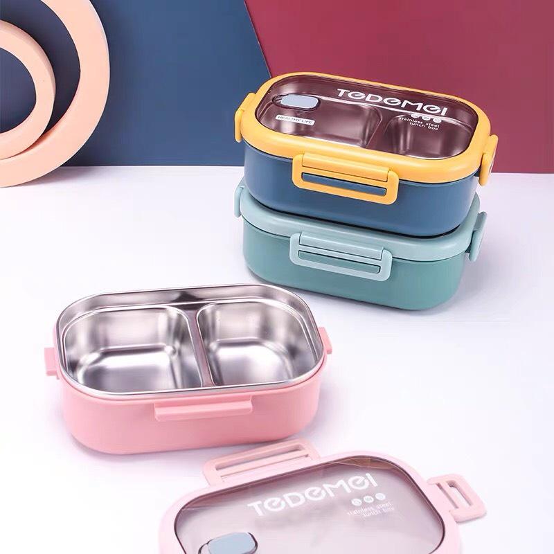 Combo Hộp Cơm TEDEMEI Lúa Mạch 2 Tầng Ruột Inox 304 Giữ Nhiệt Cực Tốt + Túi Giữ Nhiệt + Bộ Thìa Dĩa - Sang Xịn Bền Tốt - Hàng Chất Lượng KST