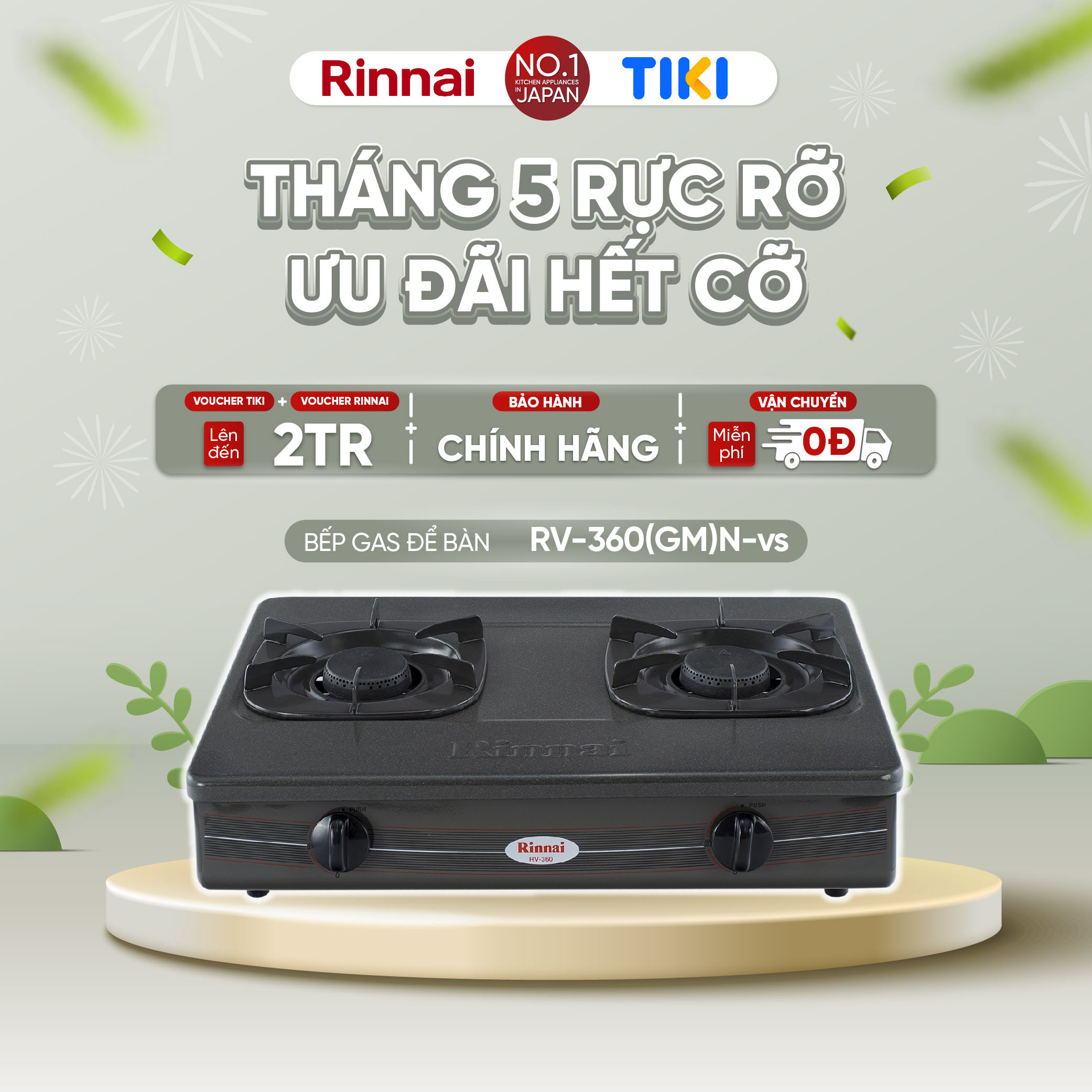 Bếp gas dương Rinnai RV-360(GM)N mặt bếp men và kiềng bếp men - Hàng chính hãng