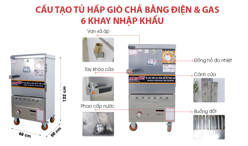 Tủ Hấp Giò Chả, Thực Phẩm 40 Kg Bằng Điện Gas 8 Khay Nhập Khẩu NEWSUN - Hàng Chính Hãng