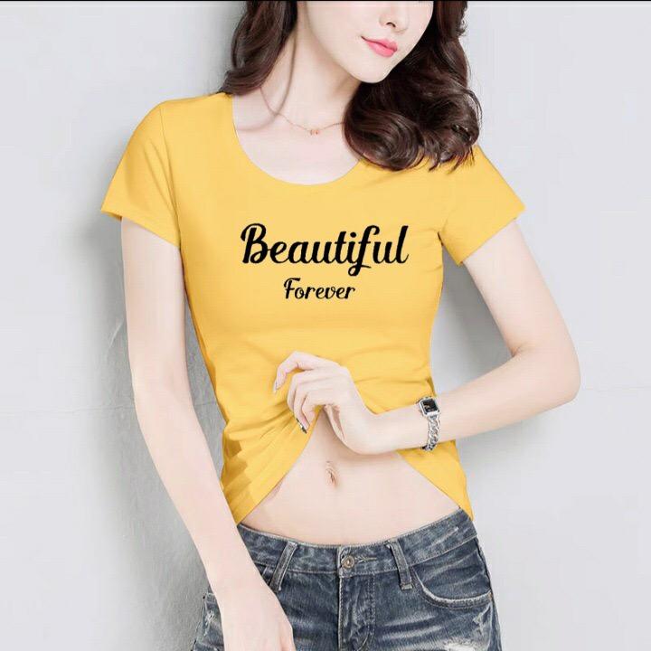Áo thun nữ MXM cổ tròn form ôm body tôn dáng in chữ Beautiful mặc tôn dáng từ 40-52kg