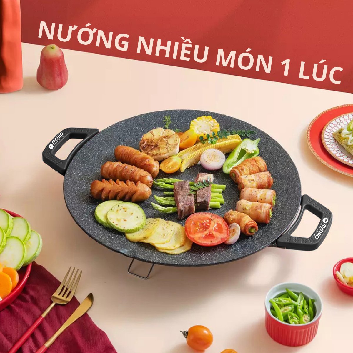 Bàn nướng điện men đá Mishio MK347 kiểu dáng Hàn Quốc - Hàng chính hãng bảo hành 18 tháng