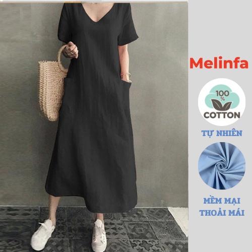 Váy đầm nữ suông chữ A cổ V trẻ trung dáng dài vải Cotton Linen tự nhiên mã VAV0326