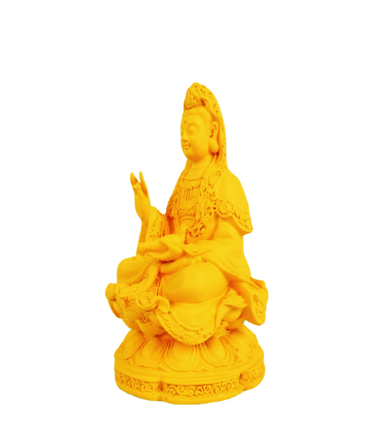 Tượng Quan Thế Âm Bồ Tát ngồi đài sen liền khối màu vàng gỗ 12 cm