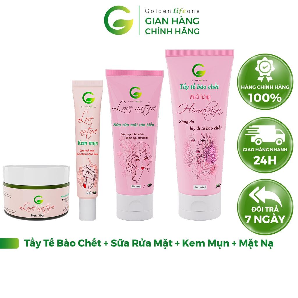 Combo Tẩy Tế Bào Chết Love Nature 100ML + Sữa Rửa Mặt 50ML + Kem Mụn 15G + Mặt Nạ Tảo Biển 30G