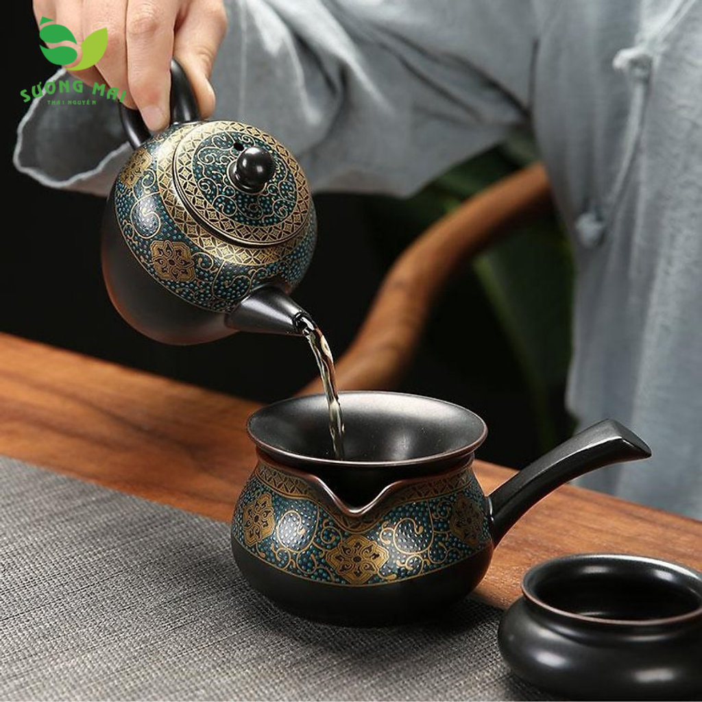 Bộ ấm chén pha trà 10 món xanh vàng đen