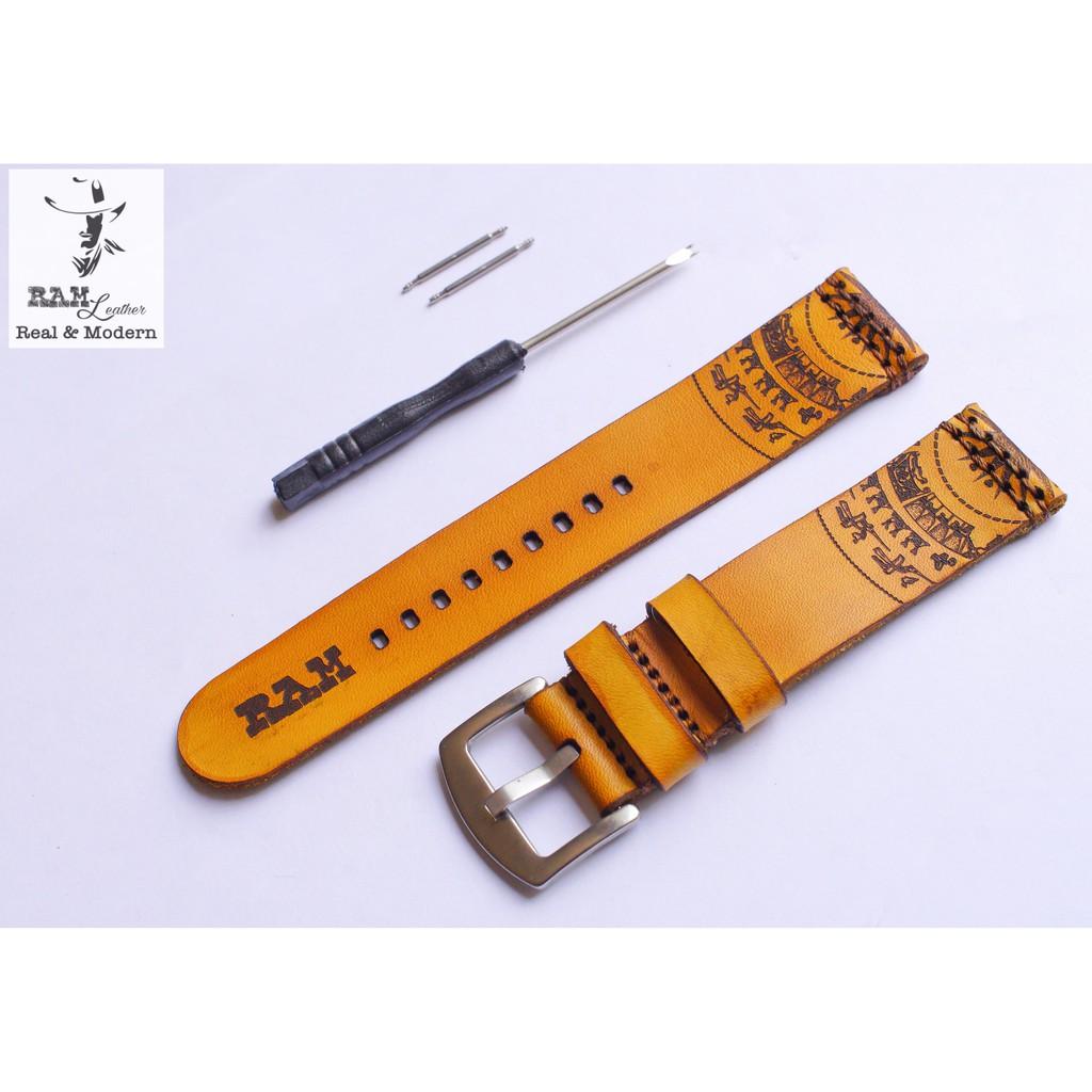 Dây đồng hồ trống đồng simple da bò vegtan thảo mộc Ý bền chắc nhuộm thủ công màu vàng - RAM Leather