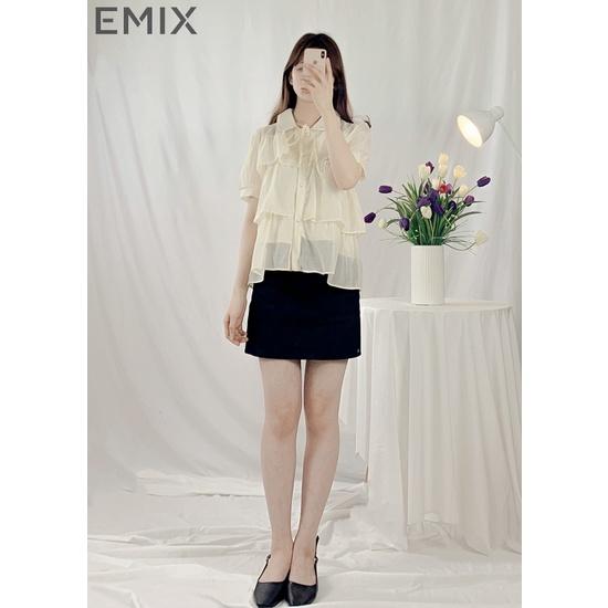 Áo sơ mi công sở bèo tầng EMIX , retro, dáng ngắn, cộc tay, form rộng, xếp bèo tầng, cổ tròn, chất tơ xịn A15
