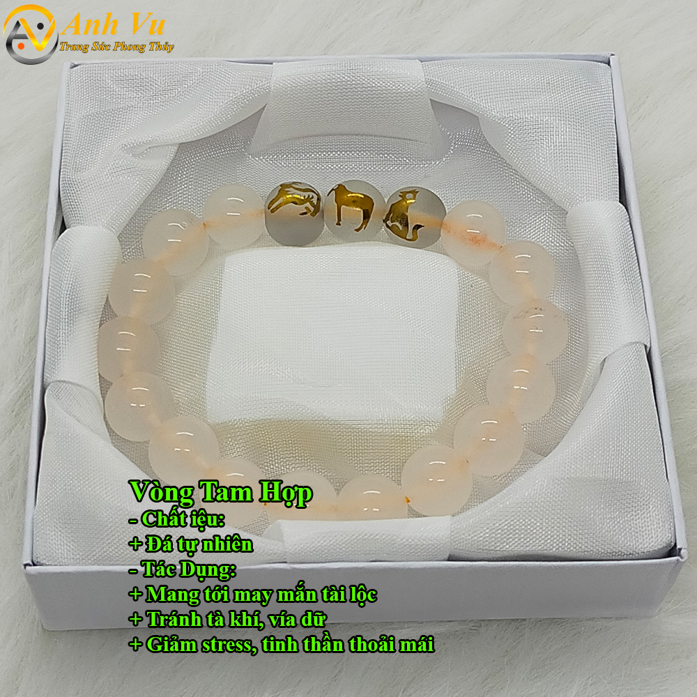 Vòng tay phong thủy đá mã não trắng tự nhiên - tam hợp dần ngọ tuất - size 8 10ly cho nữ mệnh thủy, mệnh kim - có khai quang điểm nhãn may mắn tài lộc - PHONG THỦY ANH VŨ