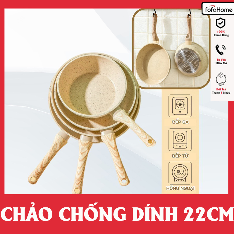 Chảo Chống Dính Bếp Từ Vân Đá Kiểu Nhật Không Nắp Size 22cm Cán Gỗ, Chảo Đáy Từ Ceramic Màu Trắng Kem Sang Trọng, Cao Cấp Dùng Cho Mọi Loại Bếp