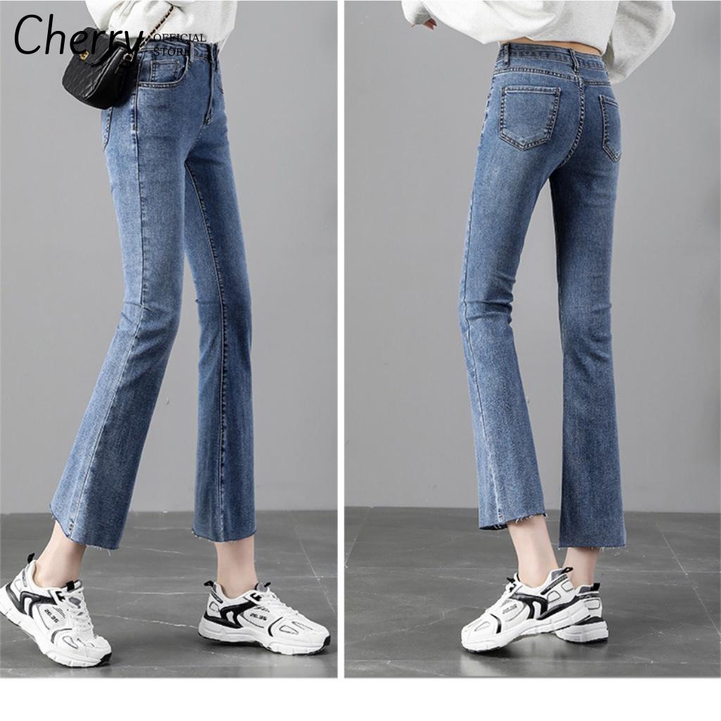 Quần jean nữ ống loe lửng lưng cao co giãn phong cách Hàn Quốc, quần bò nữ ống loe cạp cao chất xịn cao cấp CHERRY T025