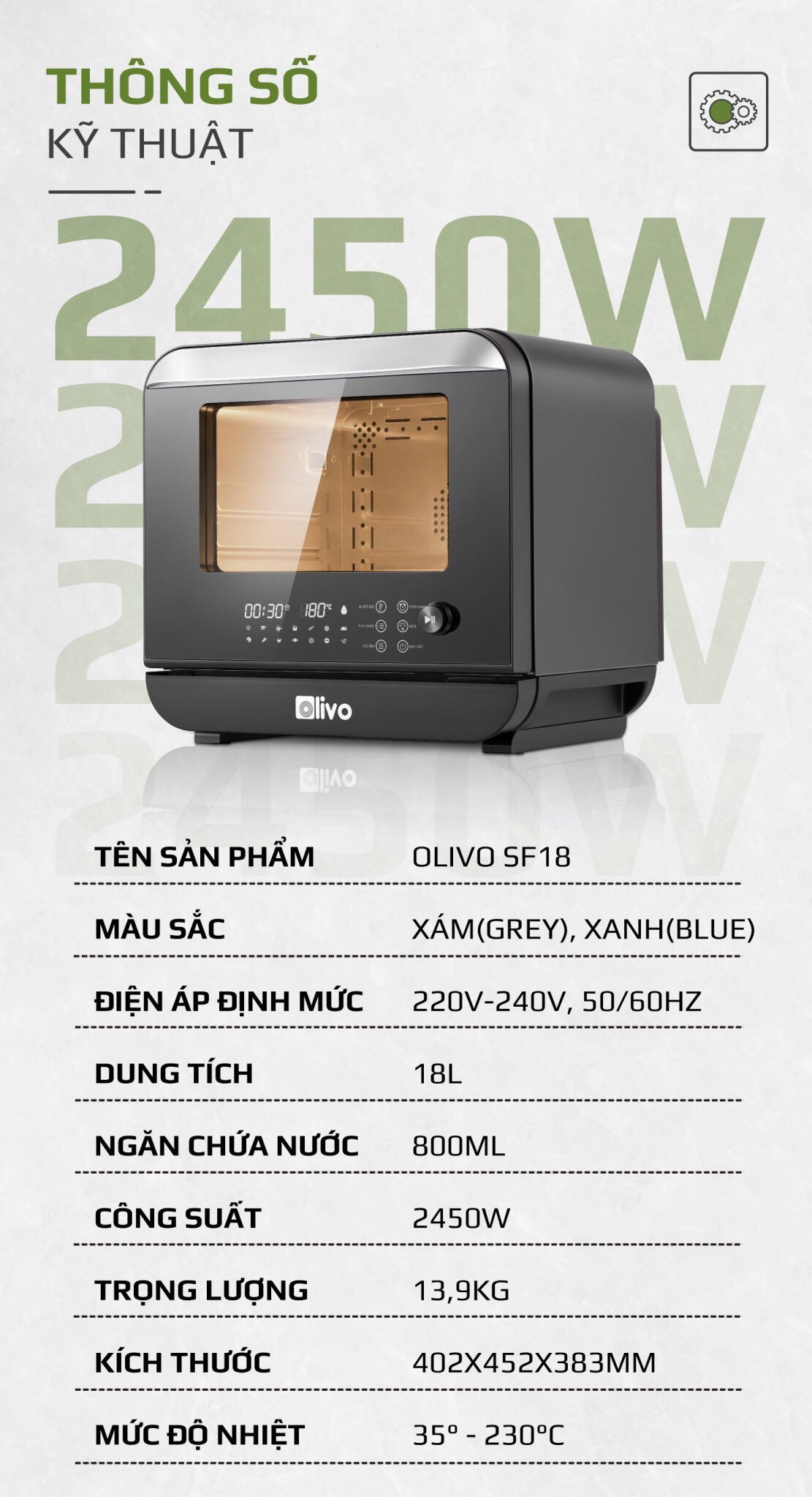 Nồi Chiên Hơi Nước OLIVO SF18 - 50 Chức Năng - Dung Tích 18L - Công Suất 2450W - Thương Hiệu Mỹ - Hàng Chính Hãng