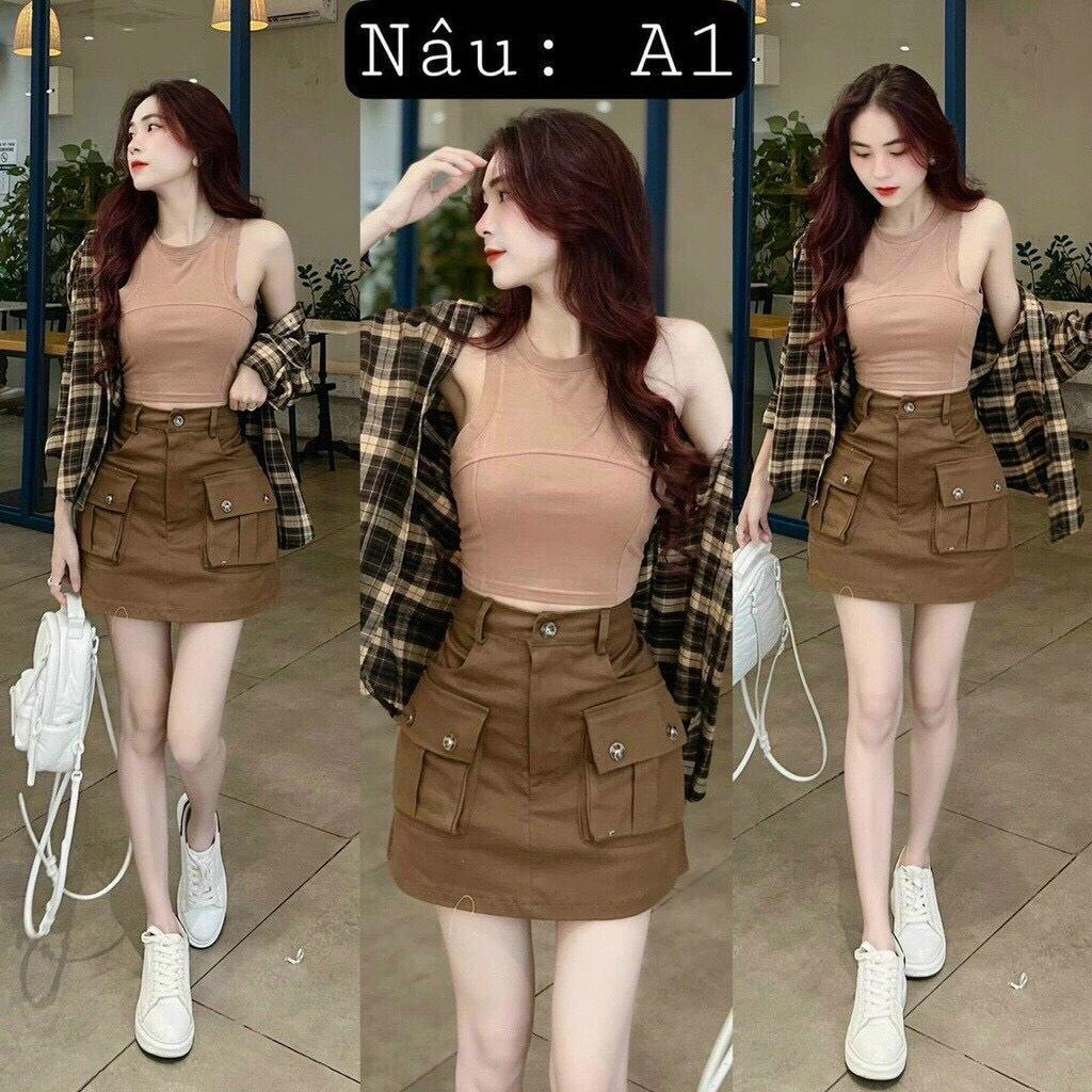 SET BỘ 3 MÓN ÁO BA LỖ CROPTOP MIX CHÂN VÁY KÈM ÁO KHOÁC SƠ MI CARO TAY DÀI CỰC NĂNG ĐỘNG