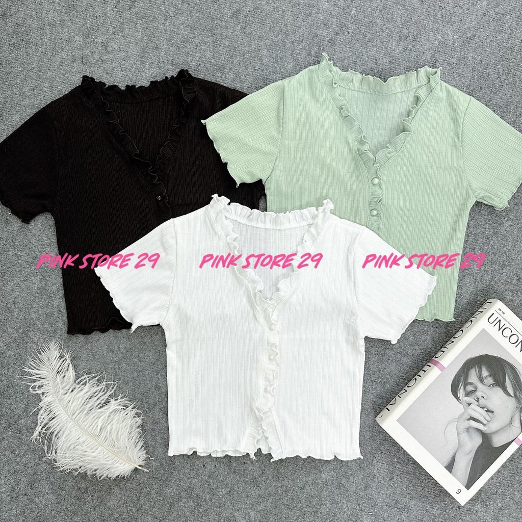 Áo croptop tay ngắn PINKSTORE29 viền bèo cúc ngọc A5042