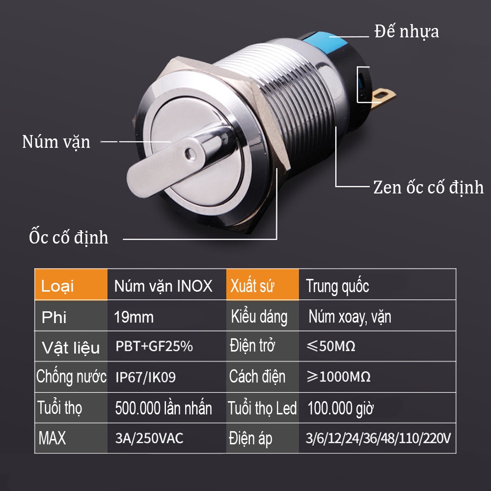 Núm công tắc xoay Tự khóa 16mm, 19mm, 22mm (3V-24V, 110-220V)