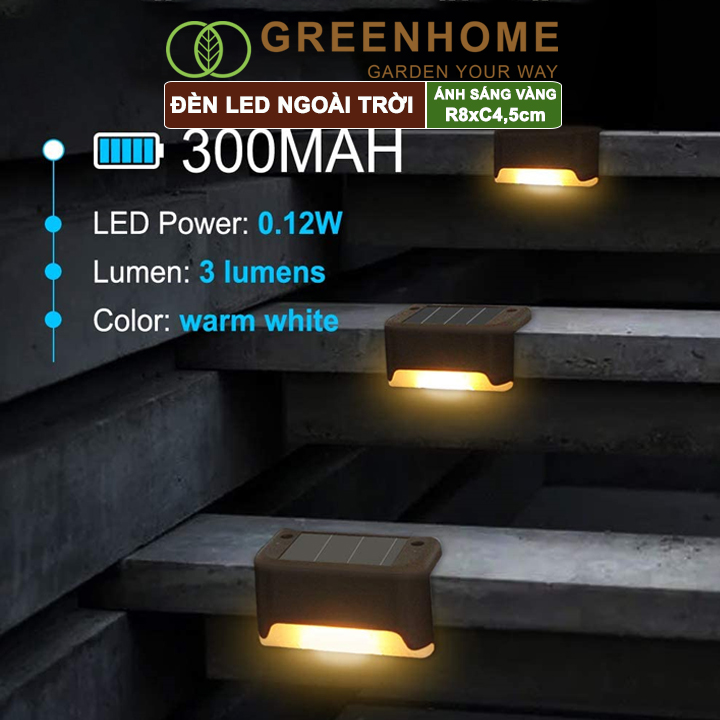Đèn Led năng lượng mặt trời, R8xC4,5cm, ánh sáng vàng ấm, chống nước, ốp lan can, trang trí ngoài trời |Greenhome