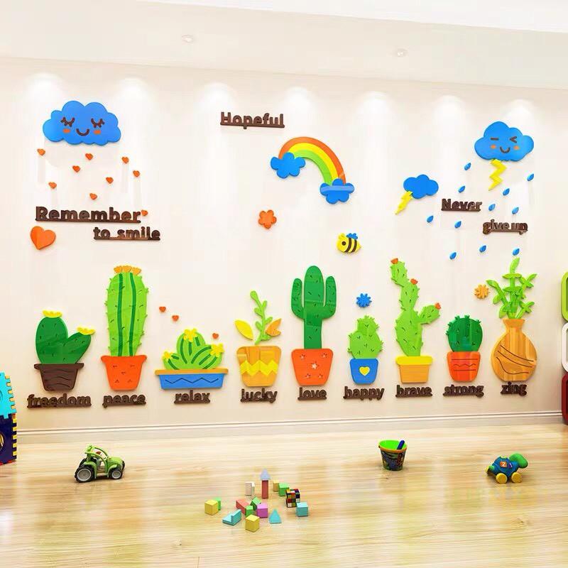 Tranh dán tường mica 3D chậu cây xương rồng trang trí chân tường, decal mica làm nổi bật phòng khách, cửa hàng, lớp học