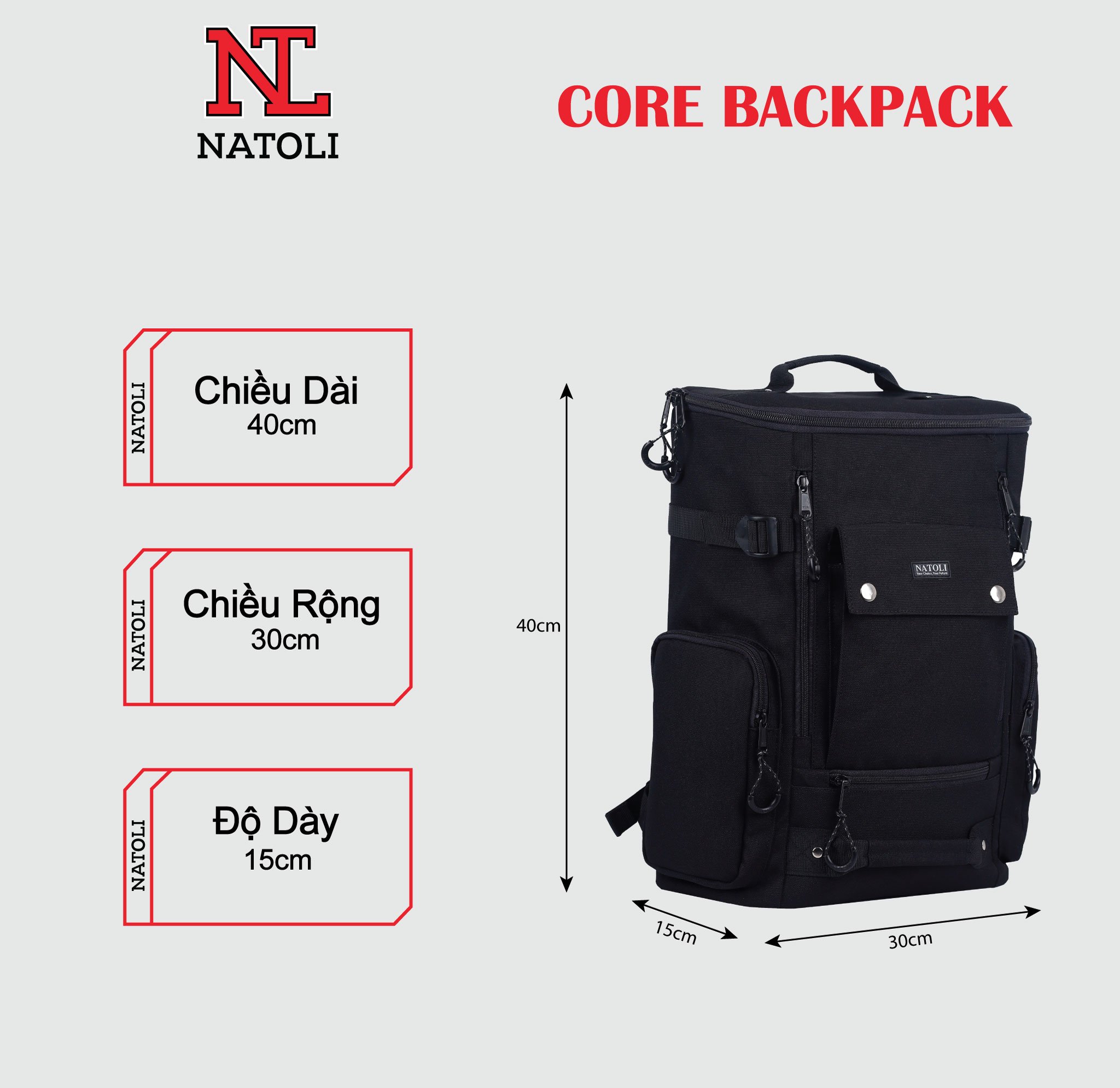 Balo sinh viên unisex CORE BACKPACK chính hãng NATOLI chất vải canvas kháng nước chống sốc nhiều ngăn thời trang cao cấp